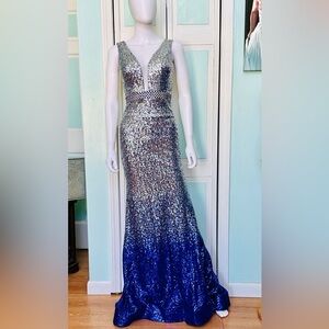Size 0 Ellie Wilde Sequin Royal Blue Silver Fitted gown Prom Dress Pageant NEW